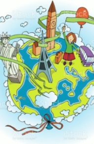 Un mappamondo, la Statua della libertà, una bambina e vari elementi rappresentativi di varie città del mondo